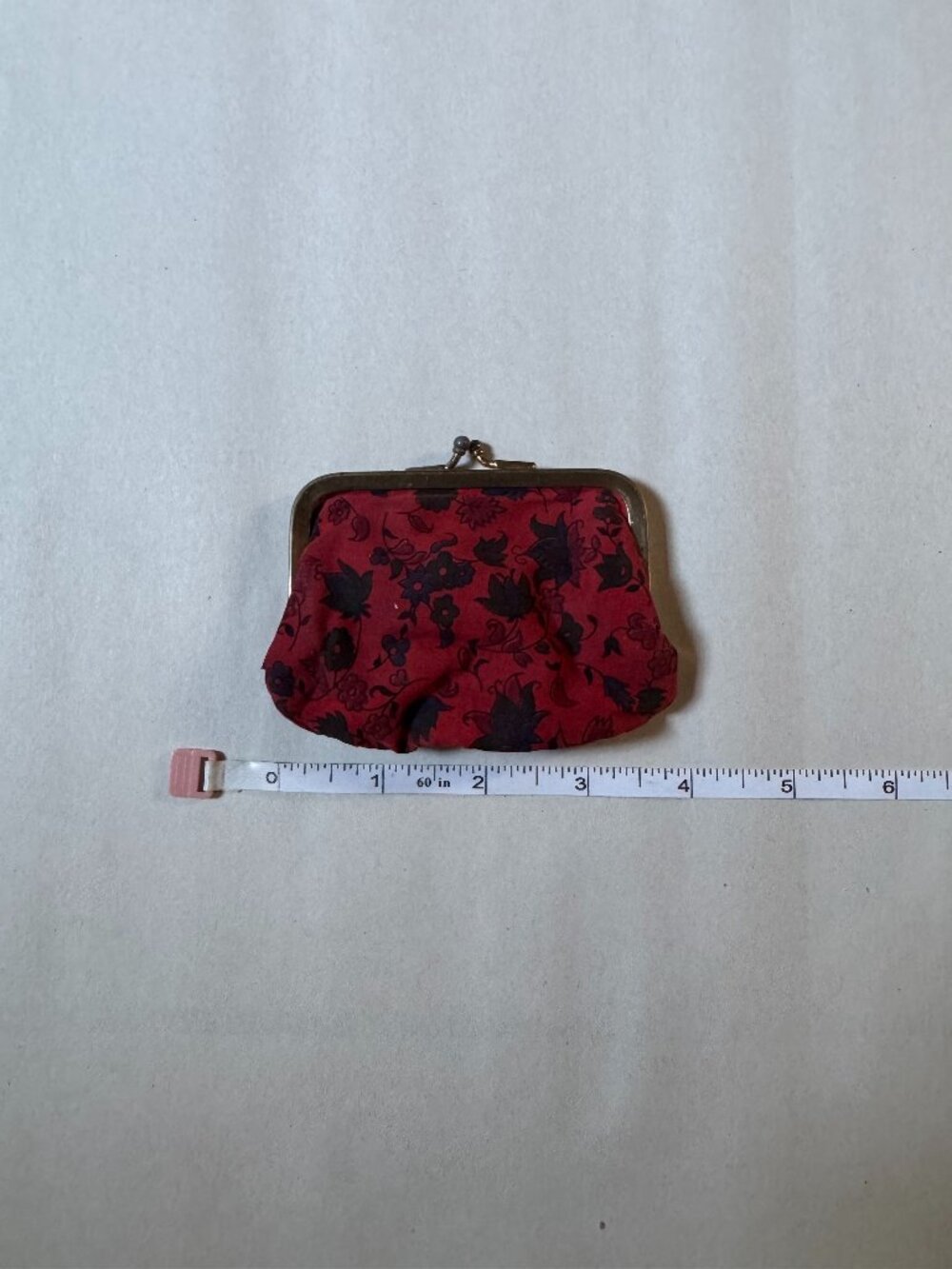 Vintage Fabric Coin Purse With Brass Kiss Lock Frame Red Floral Print